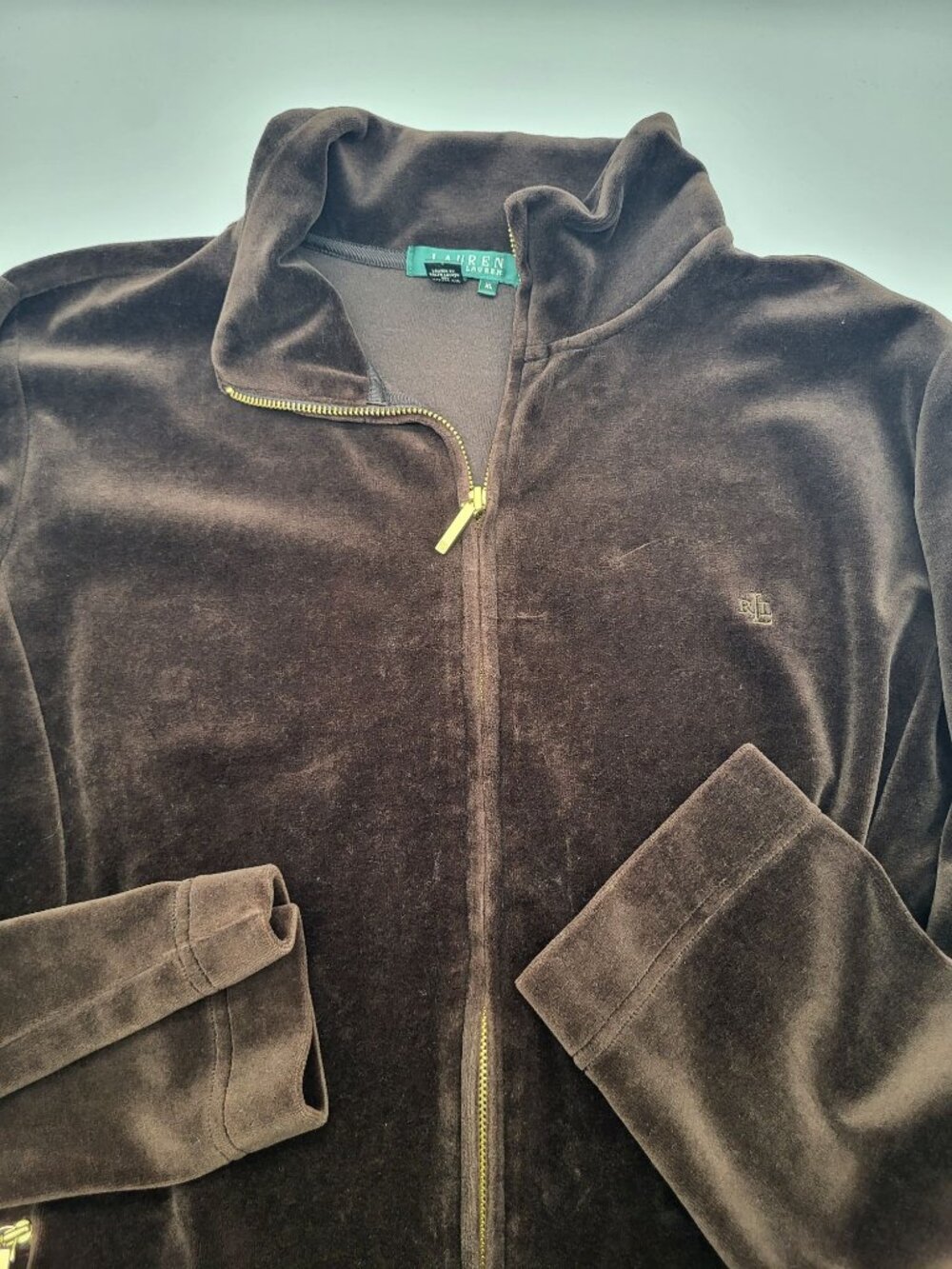 Lauren Ralph Lauren Womens XL Velour Zip Track Jacket Gold Trim y2k Brown - Picture 7 of 8